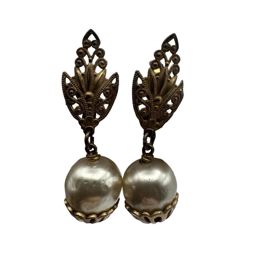 Miriam Haskell Vintage Dangle Faux Pearl Gold Tone Earrings